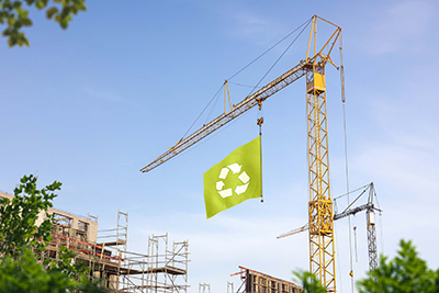 image of crane with a lime green flag featuring a recycling logo